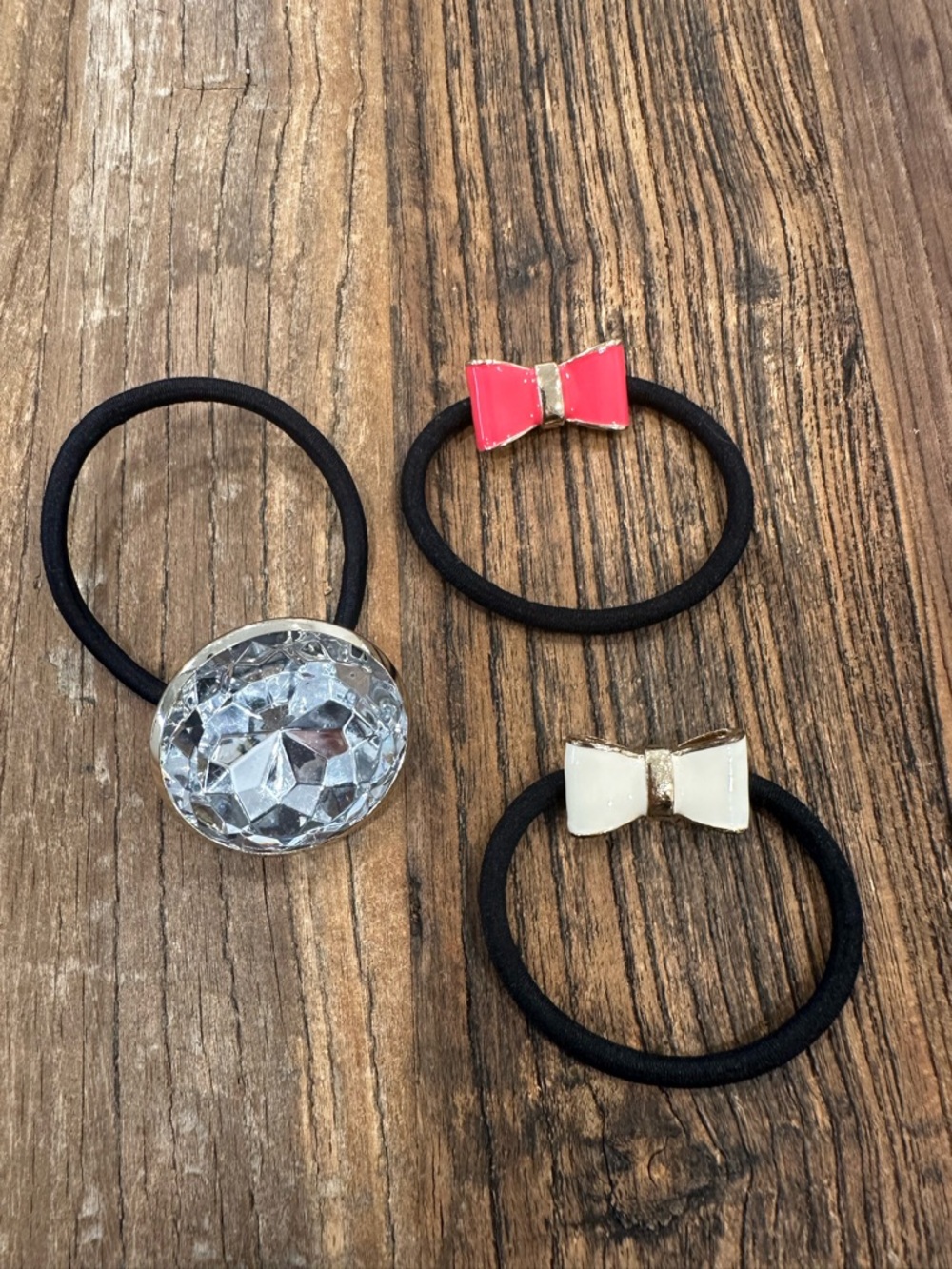 Elastic Hair Ties Set with Pink and Cream Bows and Clear Gem